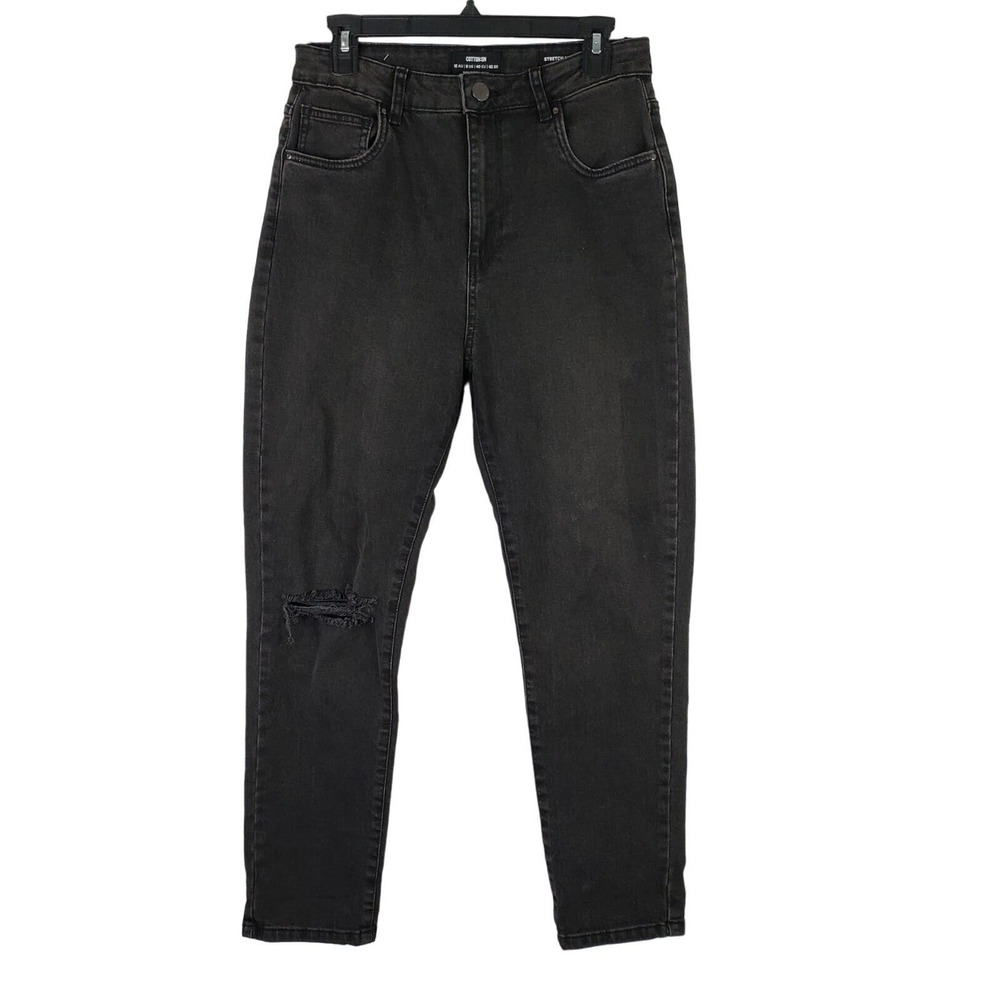 Cotton On Womens Size 8 Faded Black Distressed Mom Jeans Stretch Recycled